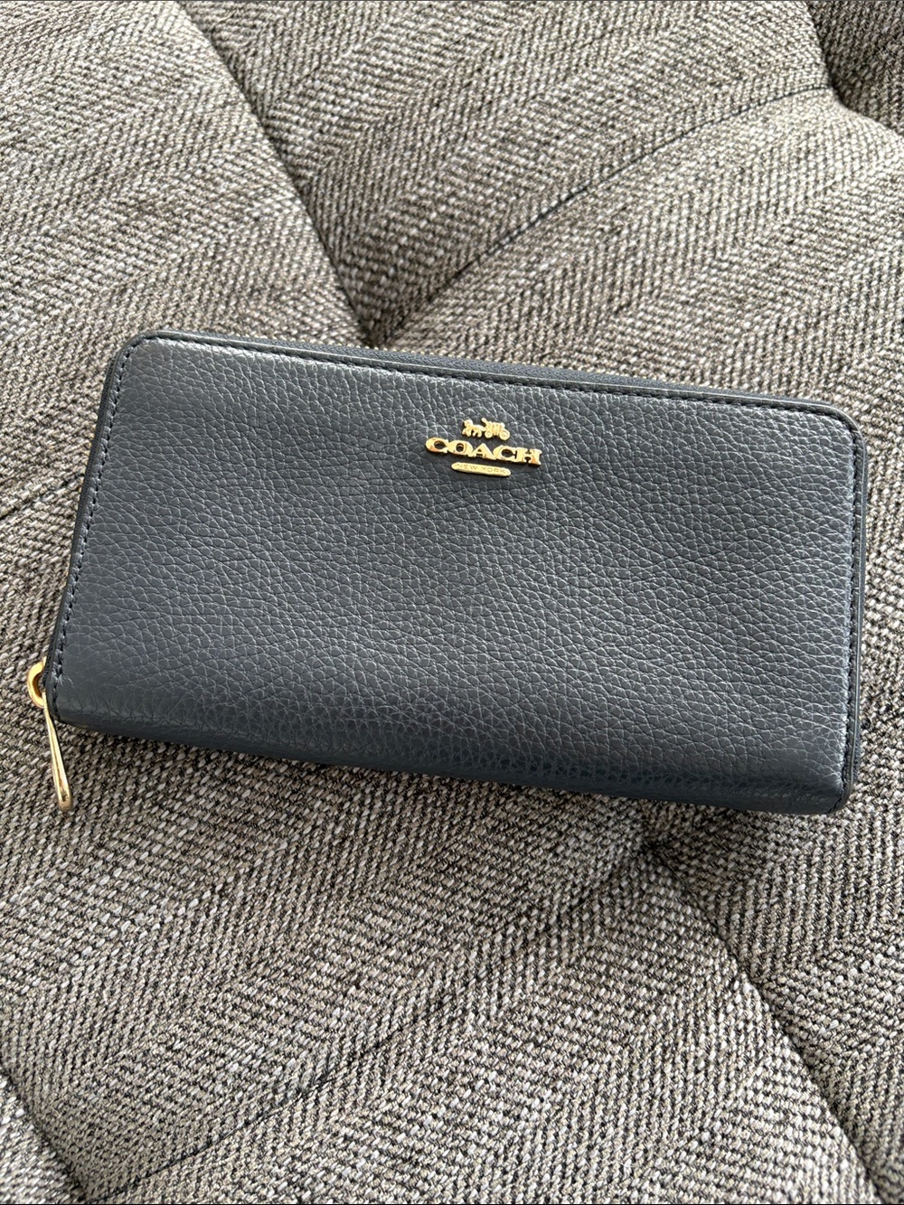 Coach Pebbled Leather Zip-Around Wallet — Black with Gold Hardware